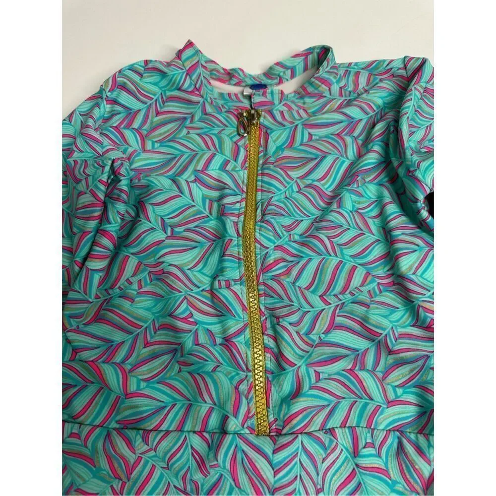 Tulle Girls Surf’s Up Swimsuit Front Zip Turquoise Pink Leaf Print Rare Size 6